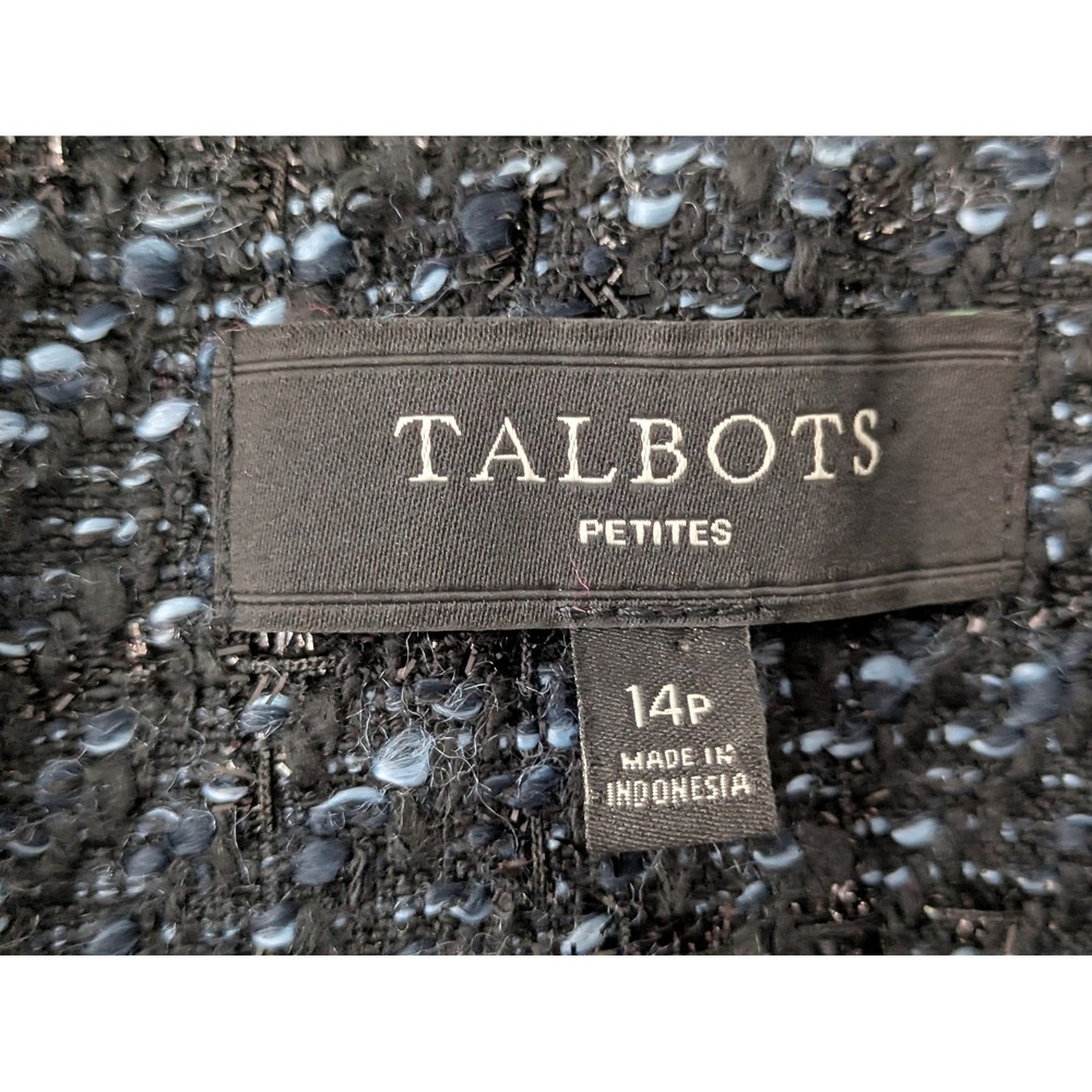 Talbots Petites Blazer Jacket Fringe Trim Sz 14P Black Blue Metallic Pockets - Picture 6 of 8